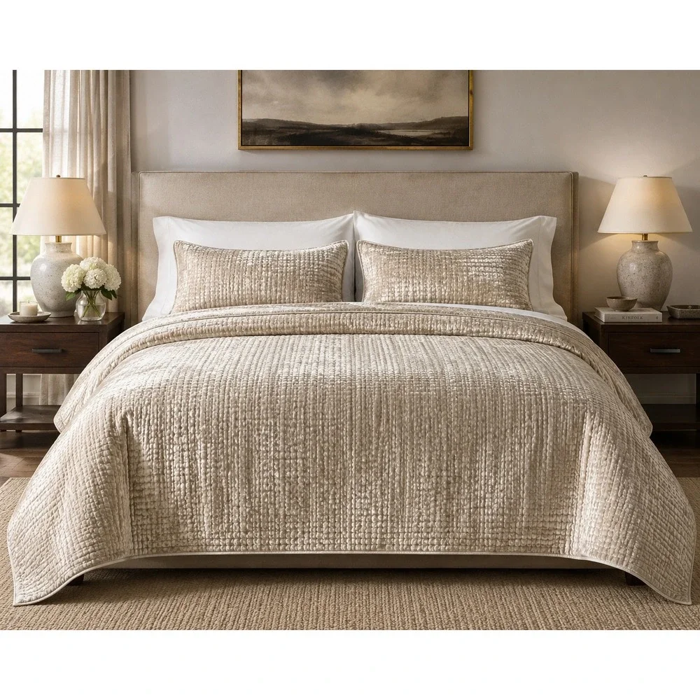 Restoration Hardware RH Holiday Velvet Quilt King Cal King Champagne Beige 3 Pc